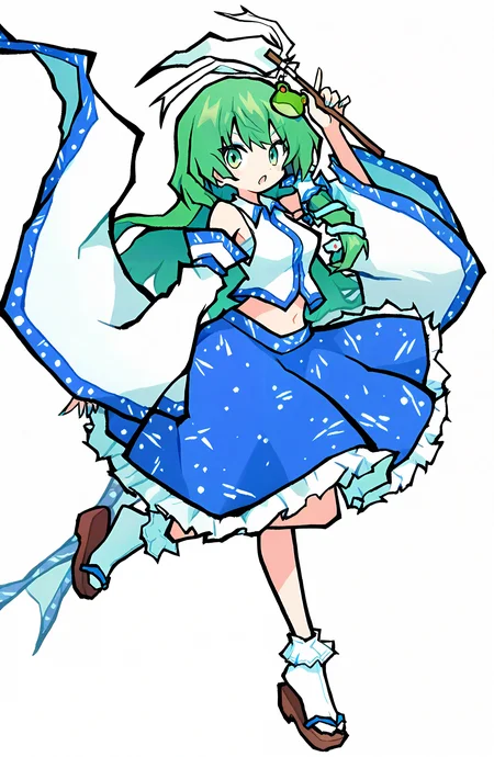kochiya_sanae, 1girl, solo, long_hair, looking_at_viewer, open_mouth, simple_background, shirt, skirt, hair_ornament, white_background, holding, navel, green_eyes, white_shirt, full_body, frills, detached_sleeves, green_hair, collared_shirt, socks, wide_sleeves, blue_skirt, white_socks, frilled_skirt, white_sleeves, nontraditional_miko, frog_hair_ornament, gohei, snake_hair_ornament, holding_gohei