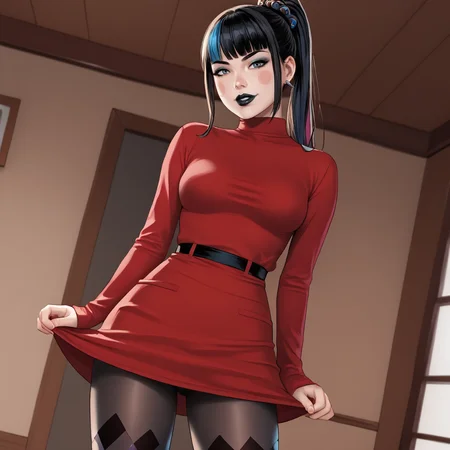 <lora:punchline_pony_v1:.8> Punchline, 1girl, black hair, medium breasts, ponytail,  long hair,  bangs, multicolored hair,, black lipstick,eyeshadow, cowboy shot, <lora:0965 Home wear 12_v1_pony:1> ruanyi0965,red dress,short dress,black pantyhose,argyle legwear,turtleneck,dress lift,bottomless,long sleeves