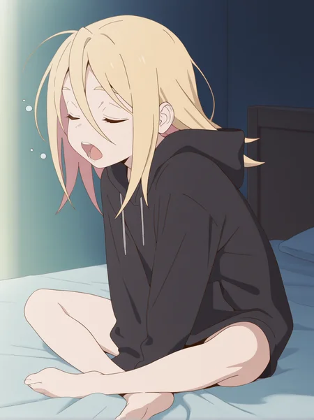 (masterpiece:1.4), (best quality:1.4),  rating_safe,very aesthetic, newest,best quality, amazing quality, very aesthetic, absurdres,
 1girl,solo,jobko, ,  blonde hair,  long hair, hair between eyes,medium hair, eyebrows,  
<lora:jobko:1>
black hoodie,barefoot,oversized
sitting,on bed,indoor,
closed eyes,sleepy,yawning