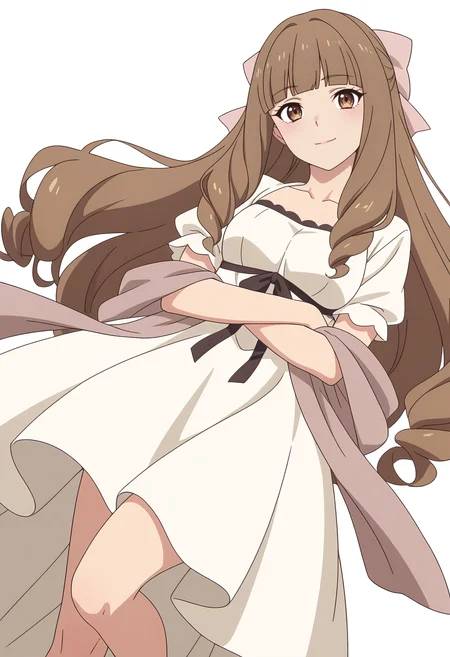 Smooth Quality,masterpiece,very intricate, high quality details, ultra realistic, high detailed skin,detailed enviorement,
white background, simple background, 
dutch angle,dynamic pose, arms crossed, one leg bent, confident stance, slight head tilt, relaxed hands,  ,\(^o^)/,
 <lora:Klyrode_Elizabeth_Cinabrio:0.8> klyrodeelizabeth/cnn, 1girl,brown hair, long hair,brown eyes, blunt bangs, very long hair,dress, short sleeves, white dress, shawl,hair bow,