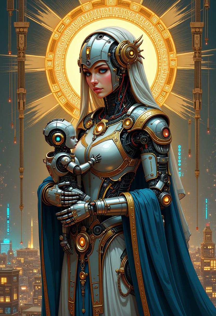 A digital artwork in the style of cknc, detailed inksketch, anime concept art, digital illustration,  The image depicts a cyborg version of the Virgin Mary standing against a glowing golden halo with intricate engravings and radiant beams, inspired by medieval iconography. Her face, half-covered by a silver helmet with intricate filigree, contrasts the gentle human features with stark mechanical components. Her eyes are soft yet glow faintly with an ethereal blue light, signifying divine wisdom. She is adorned in a flowing, elaborately detailed gown that combines futuristic armor plating with traditional Renaissance fabric patterns, shimmering with silver and cobalt blue accents. Her cybernetic arm, designed with a blend of mechanical parts and ornate gold engravings, gently cradles a little cyborg. The background is filled with a richly detailed scene of a futuristic cityscape. The scene is illuminated with a warm, soft light typical of Renaissance paintings, while the foreground displays intricate digital patterns, glowing circuitry and suspended holograms in the style of medieval manuscript illuminations.