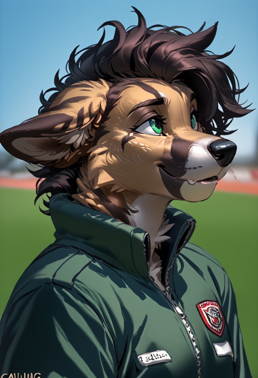 score_9, score_8_up, score_7_up, (by kittydee:1.5), (by jailbird:1.5), (by zummeng:1.5), masterpiece, best quality, (solo), 
(Furry Art: Anthro: Greyhound:1.5), 1girl, expressive eyes, feminine eyes, perfect face, feminine face, dog, canine, slim build, (long snout), (floppy ears:1), (small breasts), perfect face, (brindle fur:1.5), teal eyes, black hair, (curly hair), (track and field uniform:1.5),