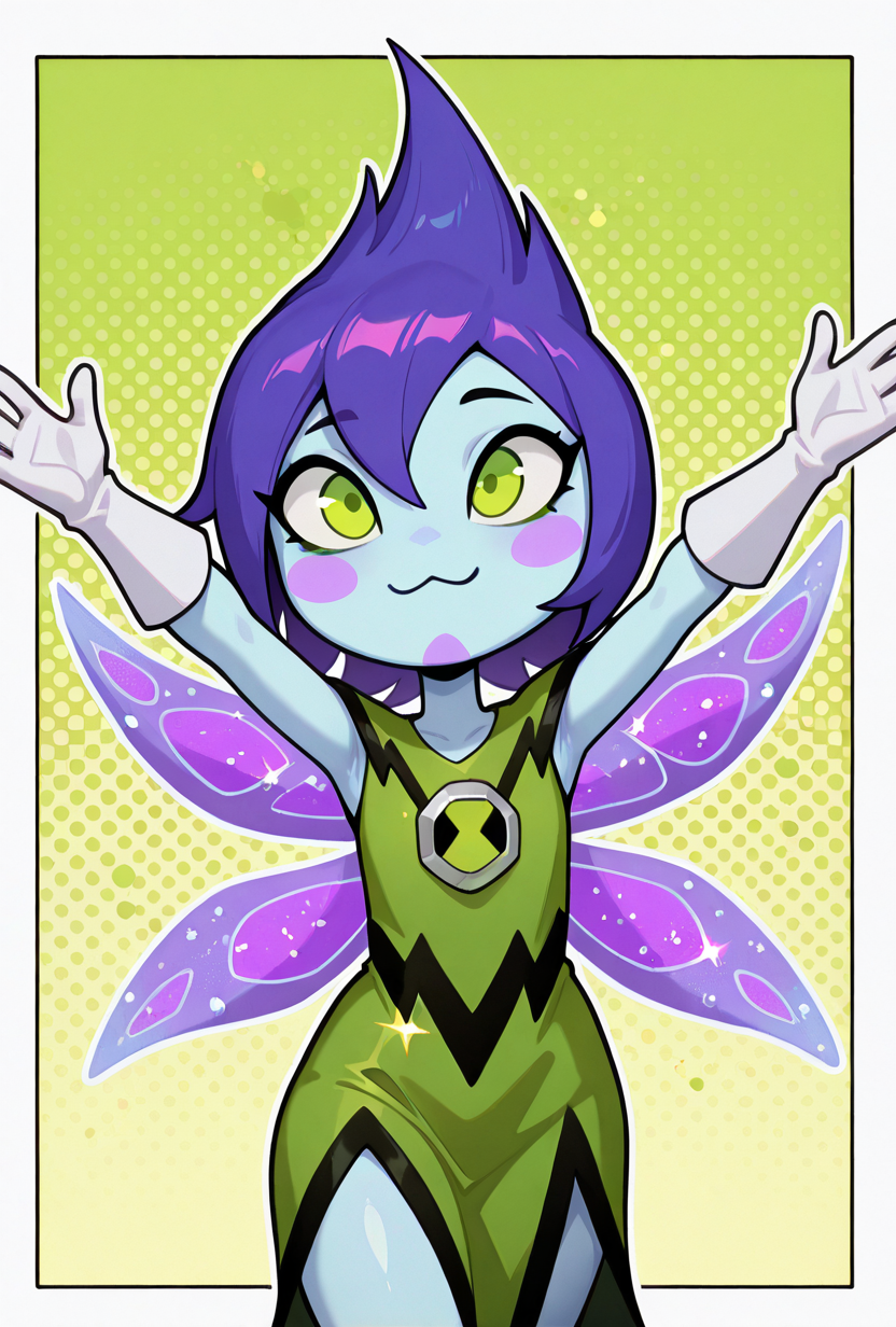 <lora:peskydust-08:1> peskydust, blue skin, fairy wings, blush stickers, 1girl, white gloves, green eyes, green dress, purple hair, dynamic pose, :3, glitter, purple powder, green background,, masterpiece, best quality, amazing quality, very aesthetic, absurdres, newest,, upper body, halftone effect, white borders, abstract background:1.2,