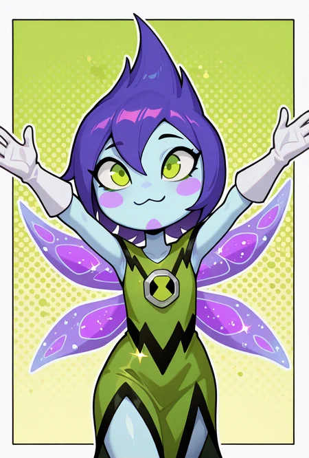 <lora:peskydust-08:1> peskydust, blue skin, fairy wings, blush stickers, 1girl, white gloves, green eyes, green dress, purple hair, dynamic pose, :3, glitter, purple powder, green background,, masterpiece, best quality, amazing quality, very aesthetic, absurdres, newest,, upper body, halftone effect, white borders, abstract background:1.2,