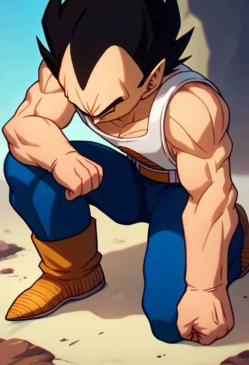 score_9, score_8_up, score_7_up, on one knee, full body, looking down, clenched hands, hand on ground, arm on knee <lora:IKneel_pdxl_Incrs_v1:1>, 1boy, vegeta, dragon ball, black hair,