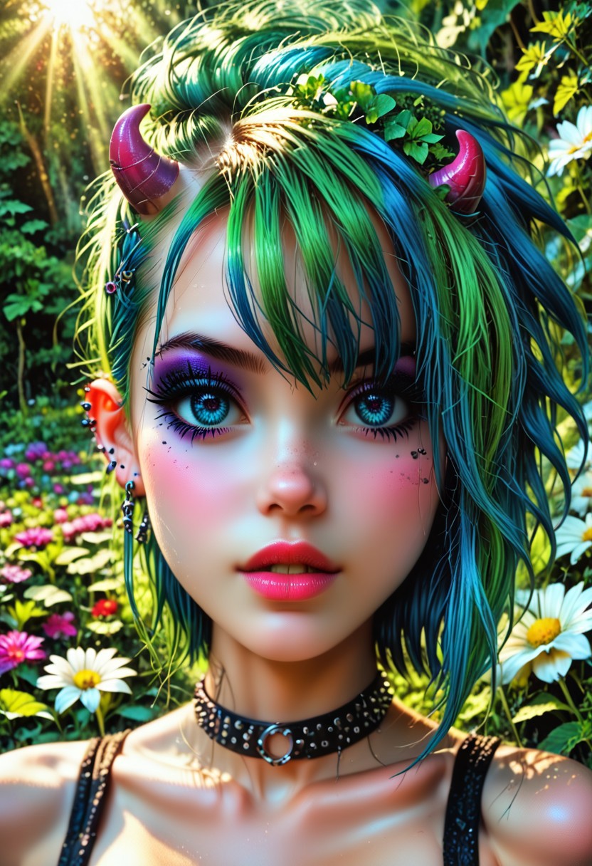 Goth, emo, fairy, humanoid feminine fairy with a pale mauve skin, intricate pearlescent horns, and multiple eyes, set against a vibrant green background. The fairie face is expressive, with a hint of curiosity and intelligence in its gaze. Its body is covered in intricate patterns and markings, suggesting a complex and ancient culture. The background is filled with flowers andushrooms, creating a sense of mystery and wonder. The flowers in her hair are a perfect, and they add a touch of femininity to her otherwise magical appearance. The forest is a perfect setting for this image, and it adds to the overall sense of mystery and intrigue. The fairies wings are sleek and shiny.
BREAK
HDR, (high contrast), (vibrant color), (ultra sharp), detailed textures, sharp focus, ultra-high pixel detail, intricate, realistic, movie scene, cinematic, high-quality, full colors, incredibly detailed, 4k, 8k, 16k, hyper-realistic, RAW photo, masterpiece, ultra-detailed, professionally color graded, professional photography, stunning quality, ultra-high resolution, photorealistic, 8k, hyper-realistic, Rembrandt lighting