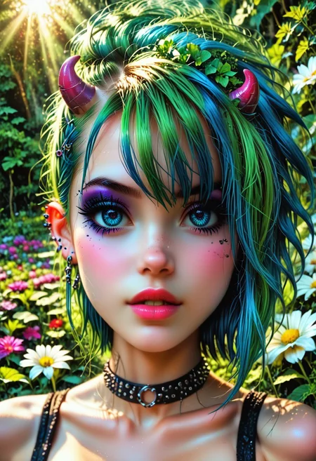 Goth, emo, fairy, humanoid feminine fairy with a pale mauve skin, intricate pearlescent horns, and multiple eyes, set against a vibrant green background. The fairie face is expressive, with a hint of curiosity and intelligence in its gaze. Its body is covered in intricate patterns and markings, suggesting a complex and ancient culture. The background is filled with flowers andushrooms, creating a sense of mystery and wonder. The flowers in her hair are a perfect, and they add a touch of femininity to her otherwise magical appearance. The forest is a perfect setting for this image, and it adds to the overall sense of mystery and intrigue. The fairies wings are sleek and shiny.
BREAK
HDR, (high contrast), (vibrant color), (ultra sharp), detailed textures, sharp focus, ultra-high pixel detail, intricate, realistic, movie scene, cinematic, high-quality, full colors, incredibly detailed, 4k, 8k, 16k, hyper-realistic, RAW photo, masterpiece, ultra-detailed, professionally color graded, professional photography, stunning quality, ultra-high resolution, photorealistic, 8k, hyper-realistic, Rembrandt lighting