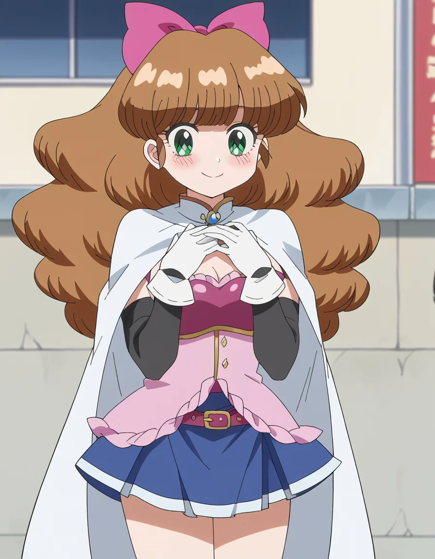 score_9, score_8_up, score_7_up, source_anime, <lora:azusa-shiratori-s1-ponyxl-lora-nochekaiser:1>, azusa shiratori, long hair, brown hair, bow, green eyes, hair bow, pink bow, medium breasts, anime screencap,, <lora:miki-sayaka-cosplay-ponyxl-lora-nochekaiser:1>, miki sayaka cosplay, miki sayaka (cosplay), belt, black sleeves, blue skirt, cape, cosplay, dress, gloves, gem, skirt, sleeveless, sleeveless dress, white cape, white gloves,, streets, outdoors, smile, blush, hands on own chest, cowboy shot, looking at viewer,, , dutch angle, cowboy shot