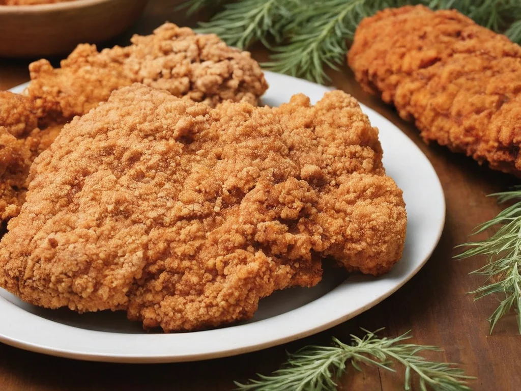 A high-resolution, hyper-realistic image of a deliciously fried chicken cutlet, referred to as G8G. The G8G is golden brown, with a crispy, crumbly coating and tender, juicy meat inside. It's served on a rustic wooden plate, with a side of fresh, colorful vegetables and a dollop of tangy sauce. The scene is set in a cozy, homely kitchen, with all elements in sharp focus, creating a clear and detailed image. The lighting should be warm and inviting, highlighting the appetizing qualities of the G8 and the cozy atmosphere of the setting, <lora:g8:0.7>