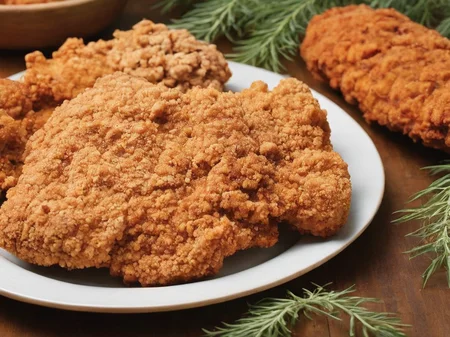 A high-resolution, hyper-realistic image of a deliciously fried chicken cutlet, referred to as G8G. The G8G is golden brown, with a crispy, crumbly coating and tender, juicy meat inside. It's served on a rustic wooden plate, with a side of fresh, colorful vegetables and a dollop of tangy sauce. The scene is set in a cozy, homely kitchen, with all elements in sharp focus, creating a clear and detailed image. The lighting should be warm and inviting, highlighting the appetizing qualities of the G8 and the cozy atmosphere of the setting, <lora:g8:0.7>