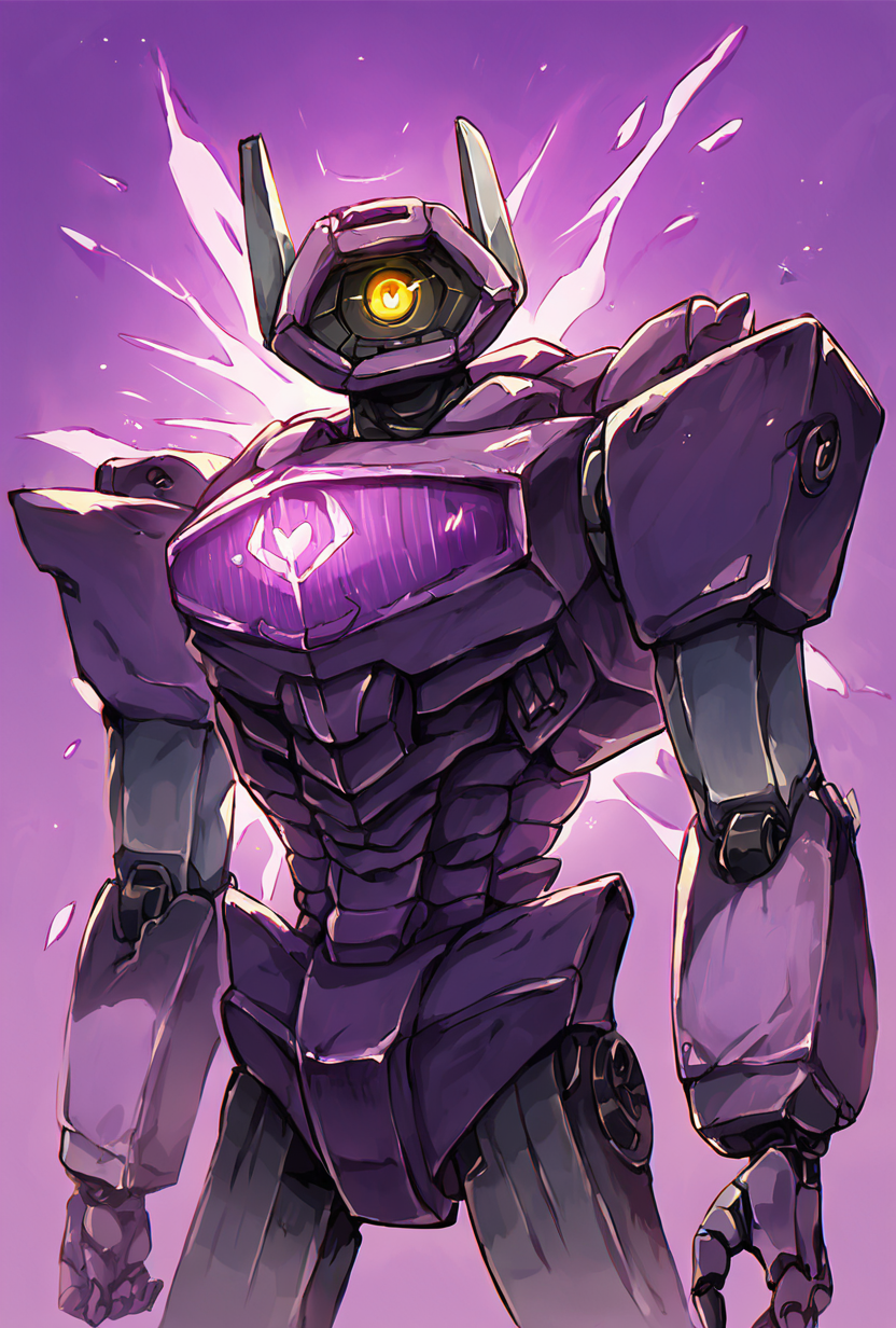 score_9, score_8_up, score_7_up,,  good quality ,, character focus, solo, , best quality , detailed background, <lora:shockwave:1> shockwave, robot,purple mecha, yellow eyes, glowing, one-eyed, simple background, purple background,