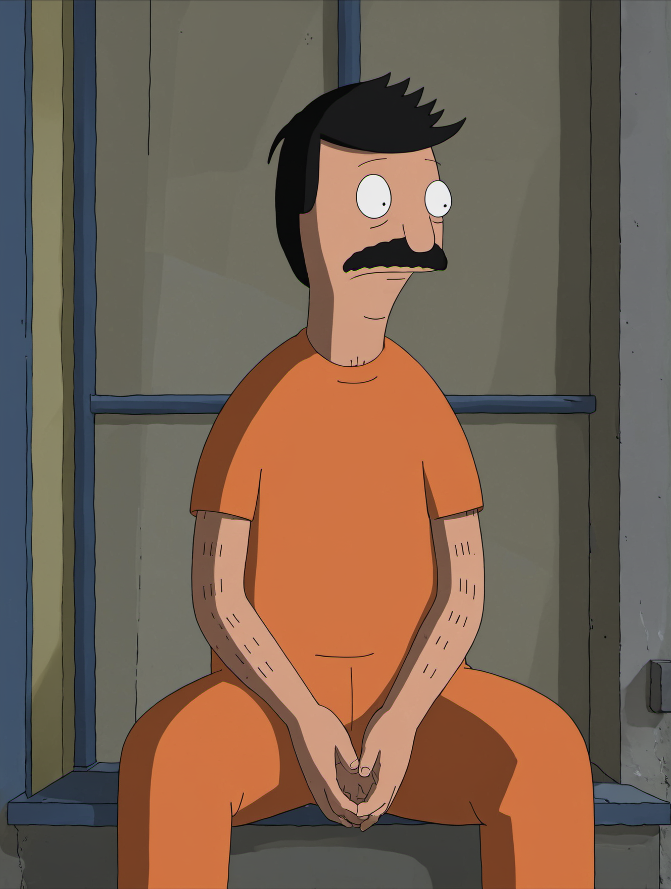 comic,(masterpiece,best quality, high quality:1.2),
bob belcher,(prison cell:1.2),(prison clothes,orange jumpsuit:1.2),sitting,concrete wall,sad expression,dark,looking down,
<lora:bob_belcher_sdxl_v1:0.8>