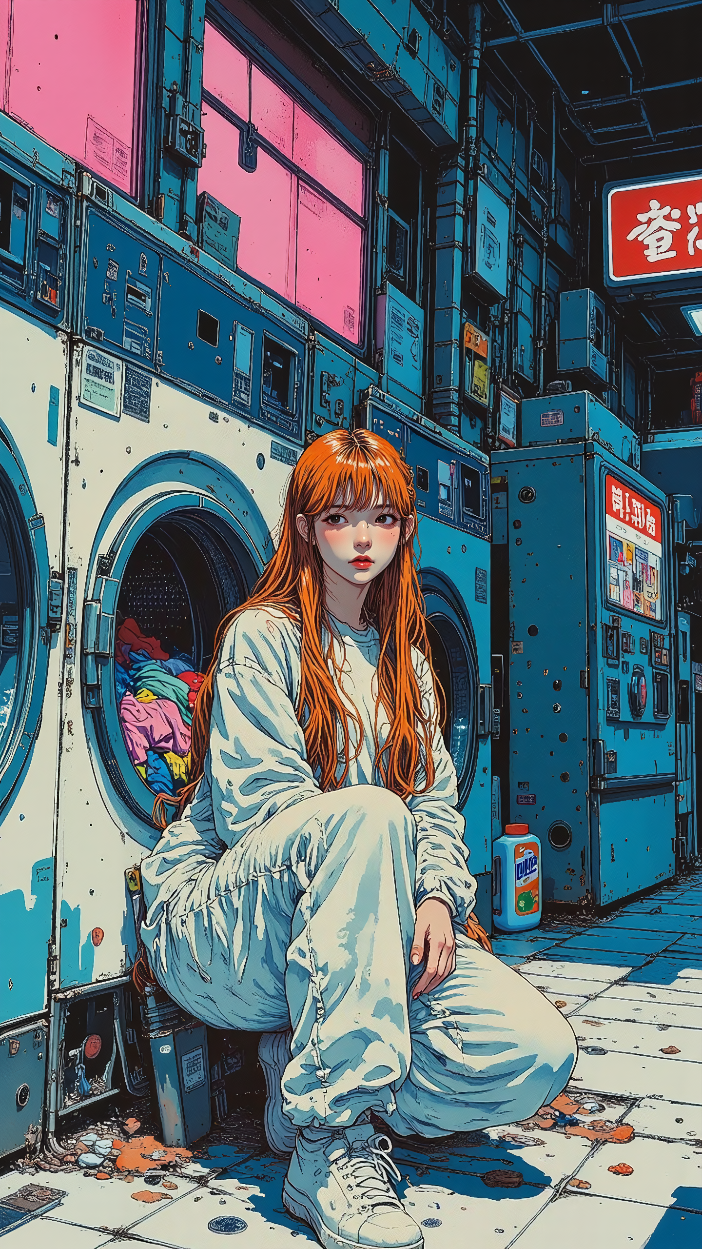 pingtu style, illustration-fen, A digital artwork in the style of cknc, sm41l33 comic, high-resolution anime-style illustration with a more realistic anime approach, bold pop-art influences, young woman sitting alone in a quiet laundromat at midnight, very long orange hair styled into loose twin braids resting over her shoulders, eyes half-lidded with a dreamy, detached expression. Her oversized sweater drapes over her frame, one hand resting on a spinning washing machine as colorful clothes swirl behind the glass. Neon signs outside cast soft pink and blue reflections onto the tiled floor. Scattered detergent bottles and an old vending machine add to the mundane setting. Grunge textures, rough brushstrokes blending with vivid anime shading, soft surrealism meeting everyday reality in a calm, detached atmosphere <lora:illustration:0.8> <lora:flux-sm41l33-comic-v1:0.8> <lora:ck-nc-pastel-cyberpunk:0.4>