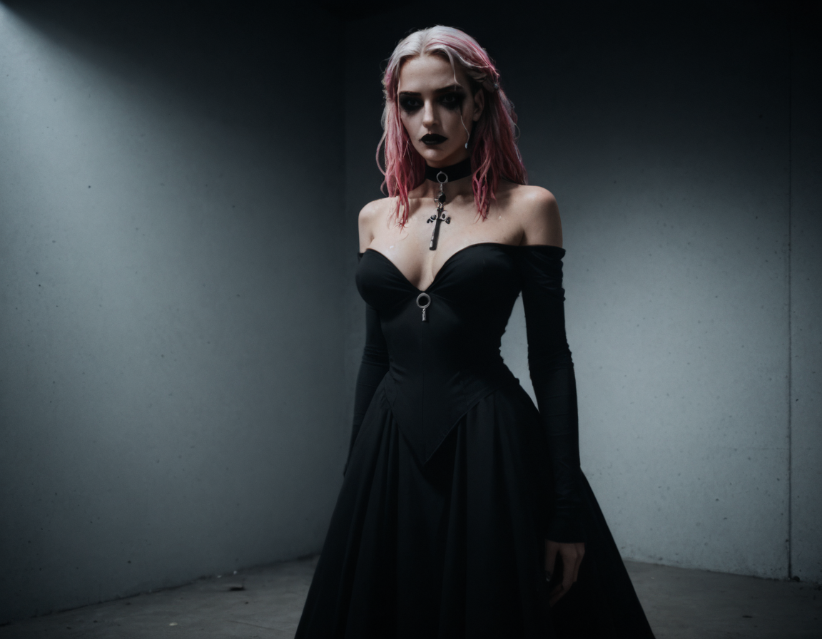 (score_9,score_8_up,score_7_up:1), 1girl, full body, view from side, horror, (shadow contrast, cinematic lighting), amused, (goth, (black lipstick, black mascara, black eyeshadow)), (flat tummy, close shoulders), white hair pink highlights, dreadlocks, choker, eyeshadow)) (alabaster oiled skin), Large Breasts, perky, (dancing alone), wet BBQ backyard, (<lora:zavy-cntrst-sdxl:1> chiaroscuro, low-key, horror), (<lora:goth_clothes:1>, lollita dress, black dress, lollita fashion accessories, red details), <lora:Always_In_Flux_Style:1>, <lora:add-detail-xl:1>