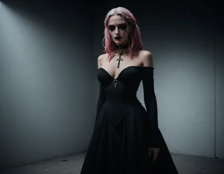 (score_9,score_8_up,score_7_up:1), 1girl, full body, view from side, horror, (shadow contrast, cinematic lighting), amused, (goth, (black lipstick, black mascara, black eyeshadow)), (flat tummy, close shoulders), white hair pink highlights, dreadlocks, choker, eyeshadow)) (alabaster oiled skin), Large Breasts, perky, (dancing alone), wet BBQ backyard, (<lora:zavy-cntrst-sdxl:1> chiaroscuro, low-key, horror), (<lora:goth_clothes:1>, lollita dress, black dress, lollita fashion accessories, red details), <lora:Always_In_Flux_Style:1>, <lora:add-detail-xl:1>