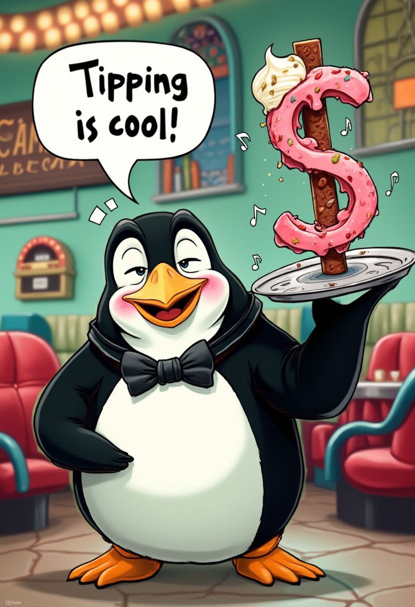 A cartoonish waiter penguin wearing a bow tie and holding a silver tray with a giant dollar sign made of ice cream on top. The penguin has a cheeky smile and a speech bubble that says, 'Tipping is cool!' The background is a colorful, whimsical diner with playful, exaggerated features like oversized chairs and a jukebox playing music notes that float in the air.