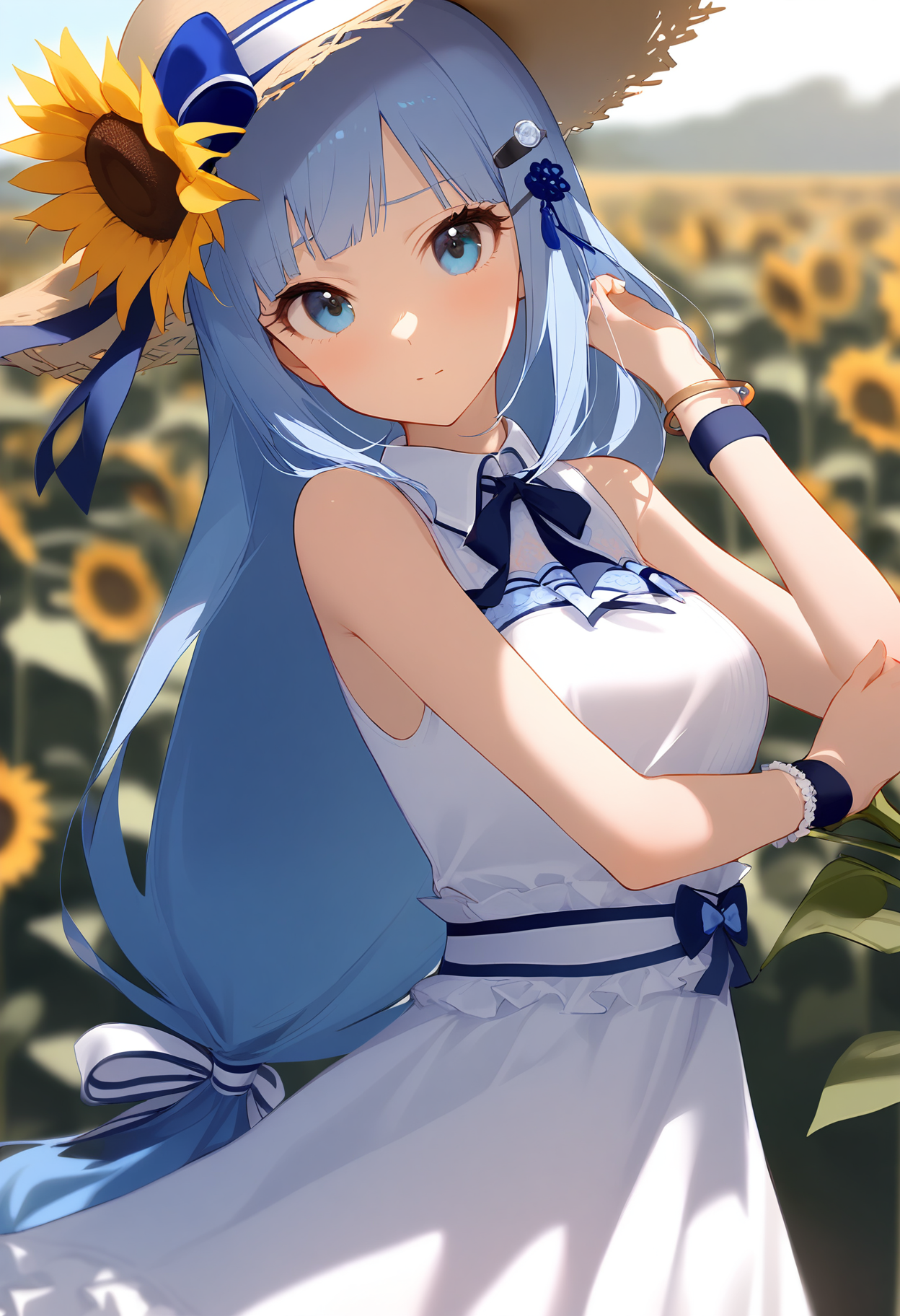 1girl,
shiraishi tsumugi,


holding, hat flower, sleeveless, hairclip, long hair, bow, blue bow, braid, bare shoulders, flower, frills, wristband, jewelry, sleeveless dress, very long hair, sunflower, collared dress, blurry, sun hat, straw hat, holding flower, ribbon, breasts, blurry foreground, blue eyes, bracelet, low-tied long hair, solo, blue ribbon, depth of field, looking at viewer, hand up, light blue hair, low-braided long hair, hat bow, blush, white dress, hair ribbon, hair ornament, frilled dress, hat, medium breasts, dress, blue hair, white ribbon, sundress,

sfw
<lora:a31_char_new_shiraishi_tsumugi-000020:1> <lora:a31_style_koni-000010:0.8>