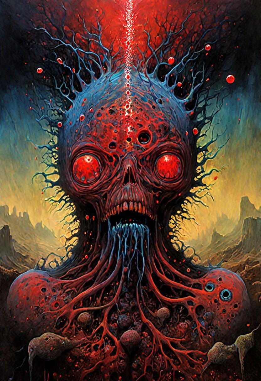 Establishing Shot painting of a ((Virus)) monster (inside bloodstream) in style of [Dean Ellis: Steven DaLuz: 0.3],digital artwork by Beksinski, trypophobia:1.5, glitch, psychedelic:1.9, Psilocybin, trypophobia:1.3, hyper-detailed:1.1, ((best quality)), linquivera, masterpiece, detailed cells, (deep neurons):1.5, blacklight, scar, binary code and digital art, binary code, digital art, ral-dissolve:1.3, liiv, ((background blends with the subject nicely) in the style of EdobHorrorLandscape: digital artwork by Beksinski: 0.6)