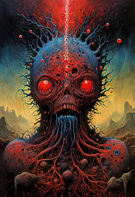 Establishing Shot painting of a ((Virus)) monster (inside bloodstream) in style of [Dean Ellis: Steven DaLuz: 0.3],digital artwork by Beksinski, trypophobia:1.5, glitch, psychedelic:1.9, Psilocybin, trypophobia:1.3, hyper-detailed:1.1, ((best quality)), linquivera, masterpiece, detailed cells, (deep neurons):1.5, blacklight, scar, binary code and digital art, binary code, digital art, ral-dissolve:1.3, liiv, ((background blends with the subject nicely) in the style of EdobHorrorLandscape: digital artwork by Beksinski: 0.6)