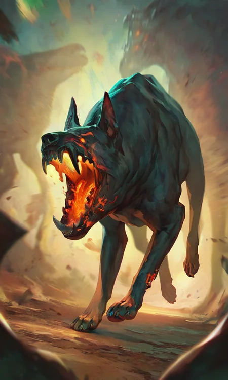 score_9, score_8_up, score_7_up, BREAK, gwentstyle, a dog with glowing teeth running in the dark, creature, epic shot, (dark fantasy:1.2), <lora:GwentStyle_v2:1>