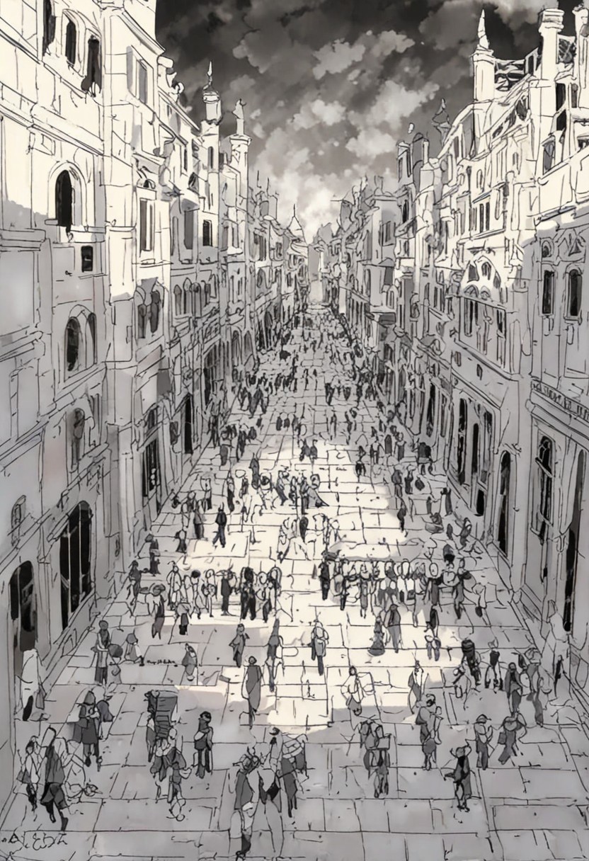 (anime), high noon, mideval age, bustling plaza, greek, white toga, roman legionary, fantastic, iridescent, masterpiece, score_9