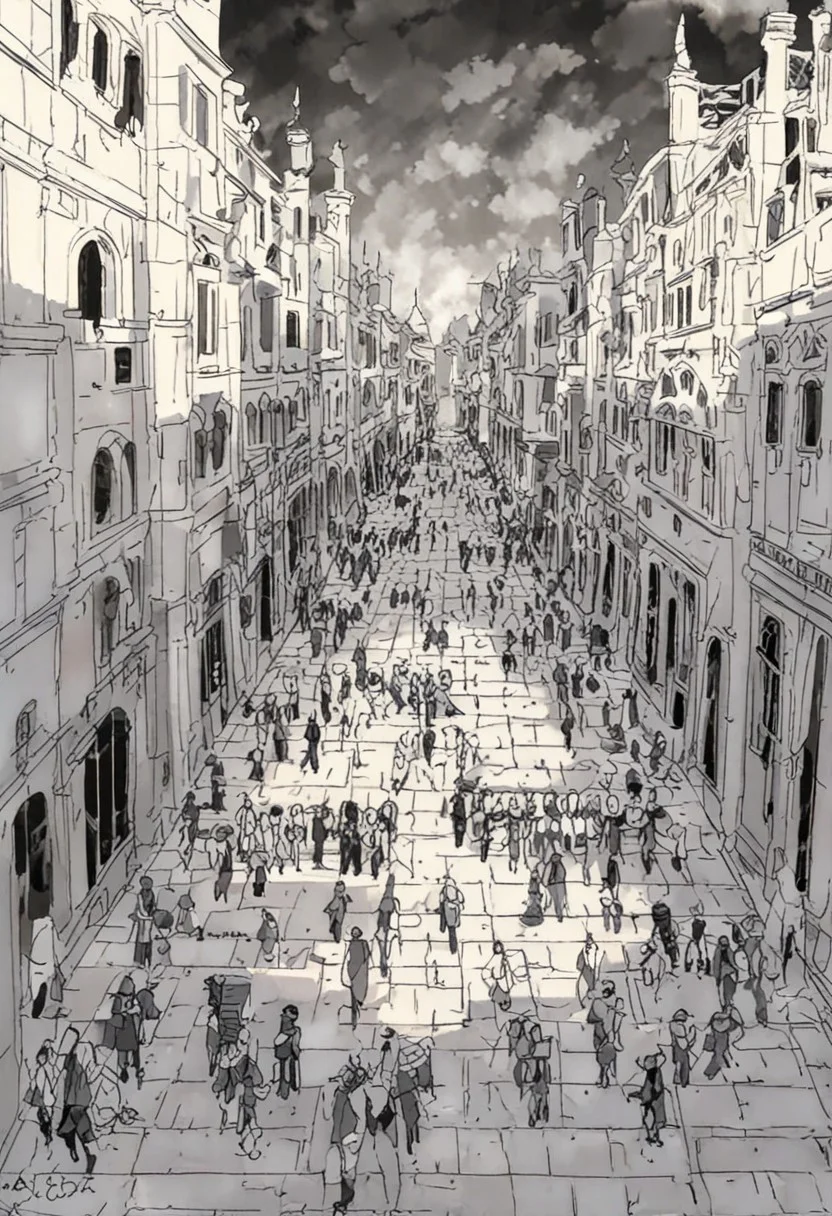 (anime), high noon, mideval age, bustling plaza, greek, white toga, roman legionary, fantastic, iridescent, masterpiece, score_9
