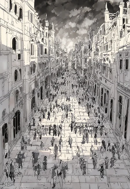 (anime), high noon, mideval age, bustling plaza, greek, white toga, roman legionary, fantastic, iridescent, masterpiece, score_9