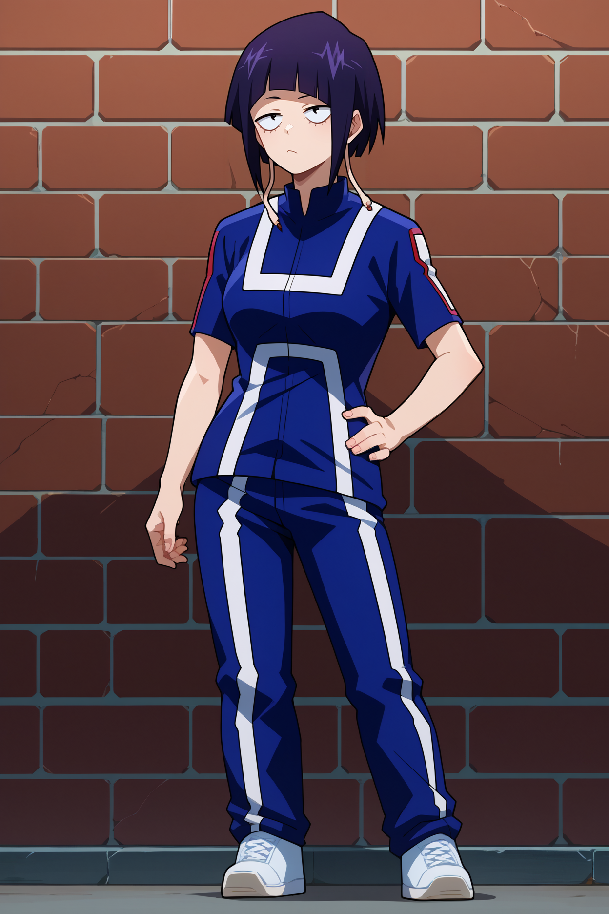 score_9, score_8_up, score_7_up, score_6_up, source_anime, 1girl, solo  <lora:kyoukajiro-pdxl-nvwls-v1-000006:1> bnhakj, black hair, purple hair, short hair, blunt bangs, black eyes, audio jack, long earlobes, dark blue jumpsuit, striped bodysuit, short sleeves, dark blue pants, striped pants, medium breasts, white sneakers, standing, wall, city, looking up, bored, full body, hand on hip