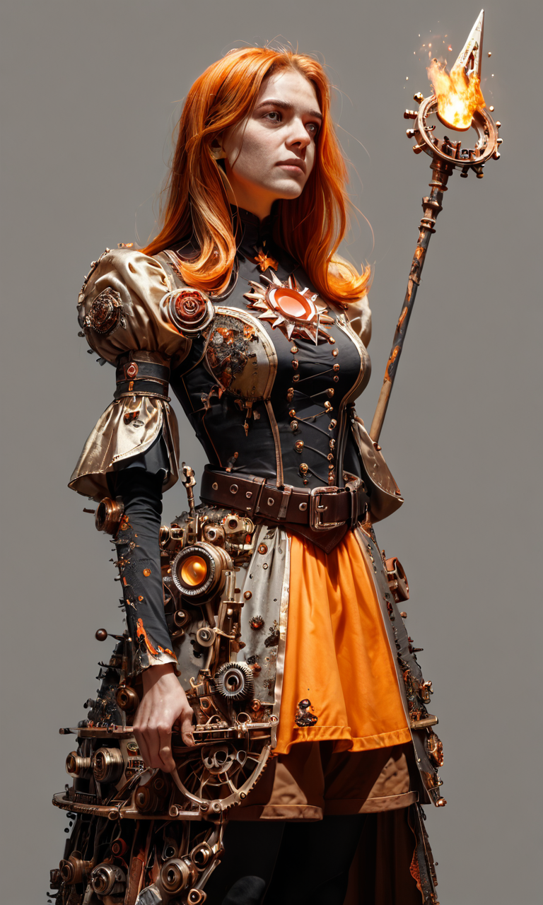 corroded  
score_9, score_8_up, score_7_up, lord_of_frenzy, fire head, holding magic spear, novakin, faceless, no eyes, no mouth, no nose, no facial features, short fiery yellow orange hair, body made of black plasma, magical girl outfit, steampunk dress, boots, brown shorts, black tights, medium breasts, belt, simple background, grey background, Illustration by Lobel
perfect face, perfect lighting, intricate, incredible detail, masterpiece, professional photoshoot, score_9, score_8_up, score_7_up, BREAK
 <lora:corroded:1>
