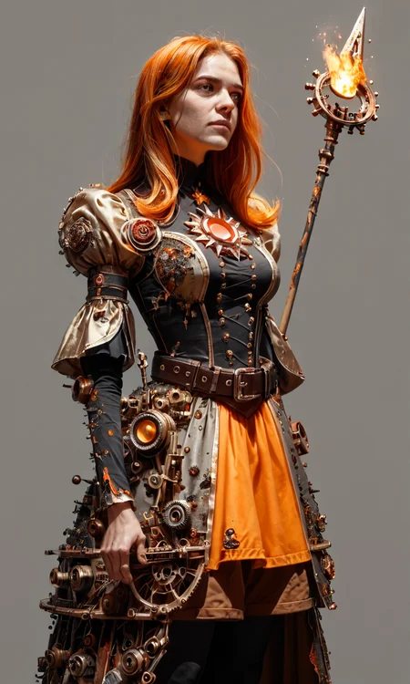 corroded  
score_9, score_8_up, score_7_up, lord_of_frenzy, fire head, holding magic spear, novakin, faceless, no eyes, no mouth, no nose, no facial features, short fiery yellow orange hair, body made of black plasma, magical girl outfit, steampunk dress, boots, brown shorts, black tights, medium breasts, belt, simple background, grey background, Illustration by Lobel
perfect face, perfect lighting, intricate, incredible detail, masterpiece, professional photoshoot, score_9, score_8_up, score_7_up, BREAK
 <lora:corroded:1>