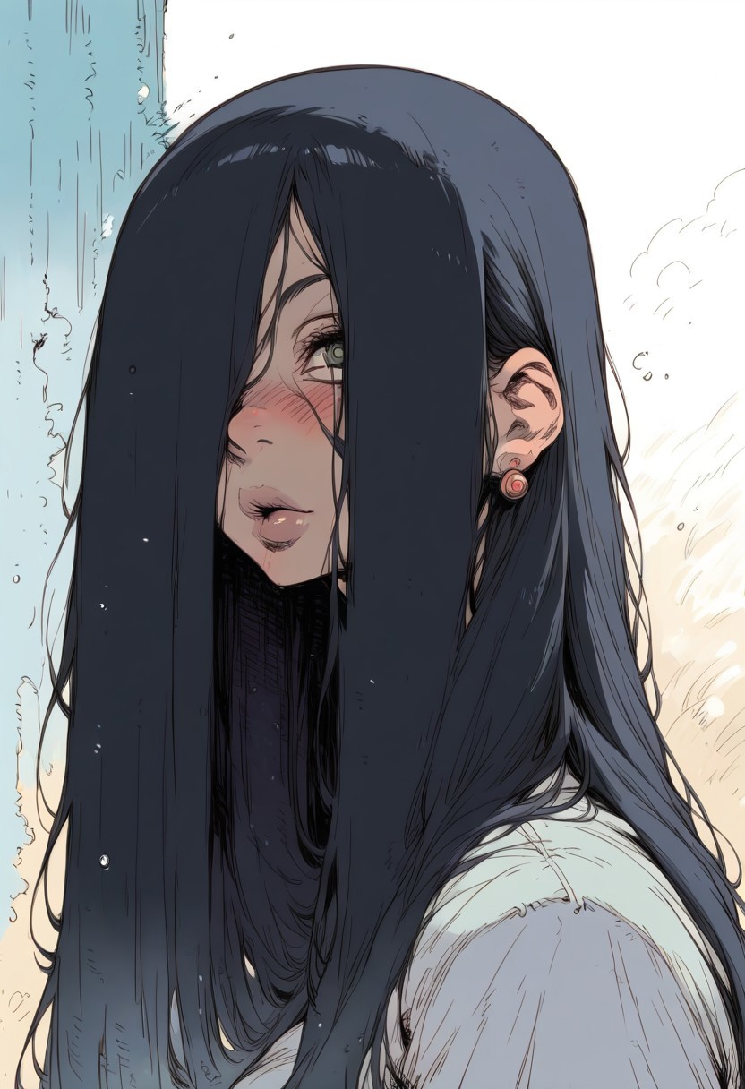 Rating_sfw, score_9, score_8_up, score_7_up, score_6_up, score_5_up, score_4_up,
best quality, highly detailed, intricate details, extremely detailed, smooth lines,
...
1woman, theonryoxl,long black hair,pale skin,white stary eyes,evil smile,very long hair,hair over one eyes,hair between eyes, dirty white dress with sleeves,skin tight,wet clothes, dirt, (hourglass body), large breasts, (firm breasts), on water, long hair, (black hair), front view,hair covering chest, ((convenient_sensoring)) 
...
(looking at viewer), thick lips, parted lips, covered, earrings, (upper body), blushed, focus on face,
...
abstract background, sunlight, water, waterfall,