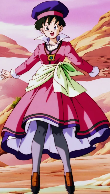 source_anime, masterpiece, best quality, amazing quality, anime screencap, high quality, 8k, absurdres, official style, 1girl, solo, looking at viewer, open mouth smile, full body, <lora:Videl_Z_iL:0.8>, v1d31 z, blue eyes, black hair, short hair, broly 2nd coming, pink dress, collared dress, dress, grey pantyhose, lime sash, hat, pantyhose, shoes,