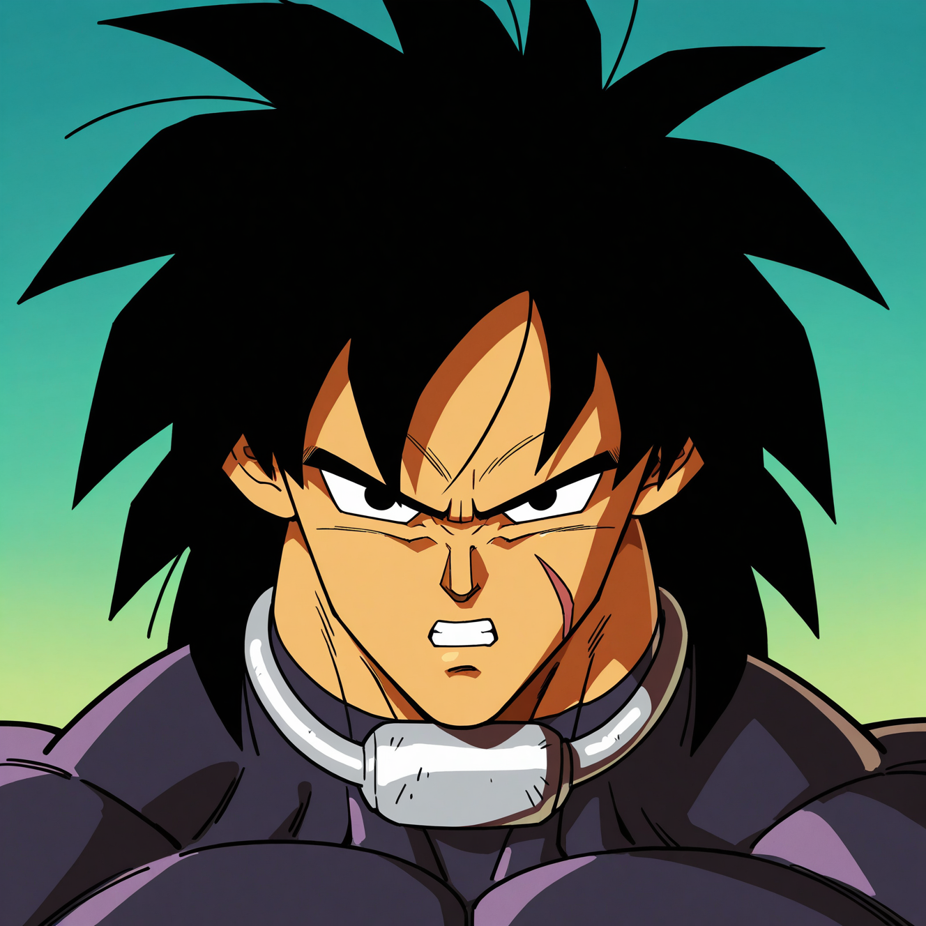 <lora:BROLY:1>broly, solo, looking at viewer, black hair, 1boy, upper body, male focus, teeth, medium hair, dark skin, black eyes, collar, muscular, bodysuit, frown, scar, muscular male, pectorals, dark-skinned male, portrait, spiked hair, clenched teeth, scar on face, close-up, skin tight, serious, tight clothes, scar on cheek, official style, anime coloring, meme, motion blur, film grain, abstract, natural lighting, fantasy, cinematic, dynamic view, tilted angle, very awa, masterpiece, best quality, absurdres, newest, perfect quality, detailed background, intricate details, (artist:fl \(l-fl\):0.7), (artist:tooboshoo:0.7), (artist:dizdoodz:0.8)