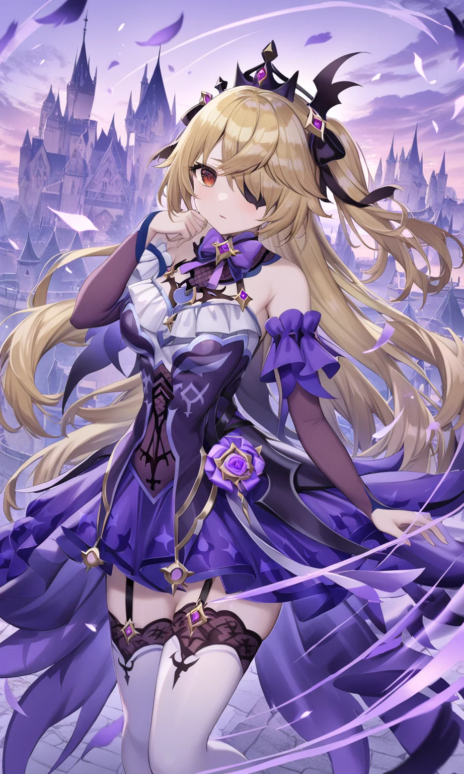 1girl, safe, fischl, genshin impact, solo, long hair, looking at viewer, blonde hair, long sleeves, red eyes, dress, thighhighs, bare shoulders, frills, detached sleeves, official alternate costume, hair over one eye, white thighhighs, eyepatch, tiara, purple dress, castle