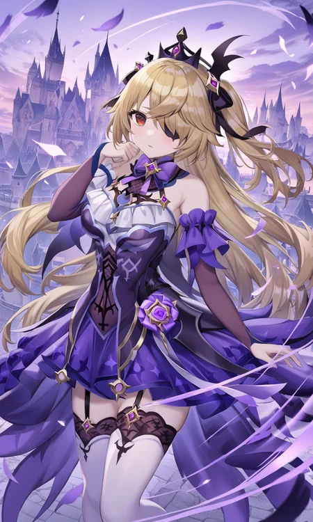 1girl, safe, fischl, genshin impact, solo, long hair, looking at viewer, blonde hair, long sleeves, red eyes, dress, thighhighs, bare shoulders, frills, detached sleeves, official alternate costume, hair over one eye, white thighhighs, eyepatch, tiara, purple dress, castle