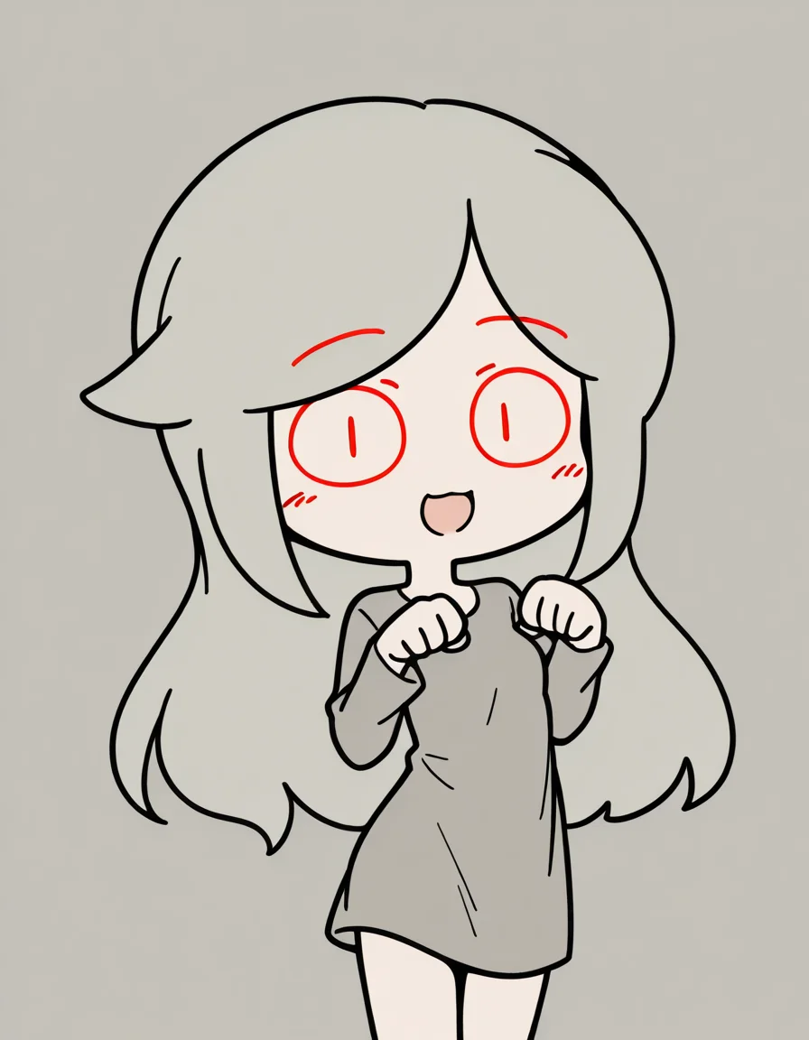 <lora:Susie_Peargor_ILL:1> susie_dsand, 1girl, cartoon, chibi, red eyes, red eyebrows, no sclera, gray hair, long hair, pale skin, gray dress, barefeet,
looking at viewer, happy, :D,
amazing quality,very aesthetic,absurdres,newest,
gray background,
cowboy shot, paw pose