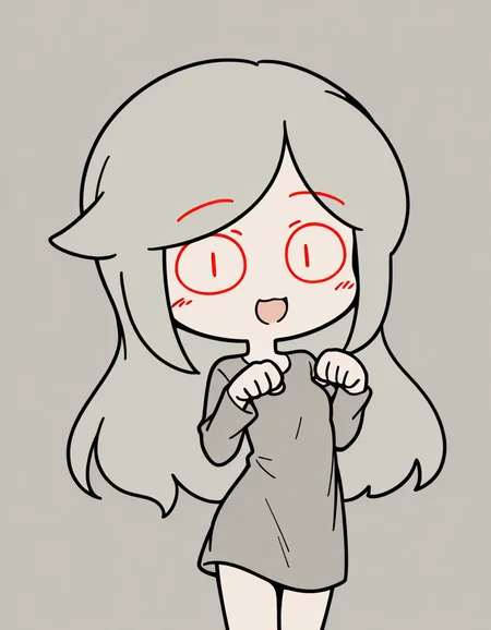 <lora:Susie_Peargor_ILL:1> susie_dsand, 1girl, cartoon, chibi, red eyes, red eyebrows, no sclera, gray hair, long hair, pale skin, gray dress, barefeet,
looking at viewer, happy, :D,
amazing quality,very aesthetic,absurdres,newest,
gray background,
cowboy shot, paw pose