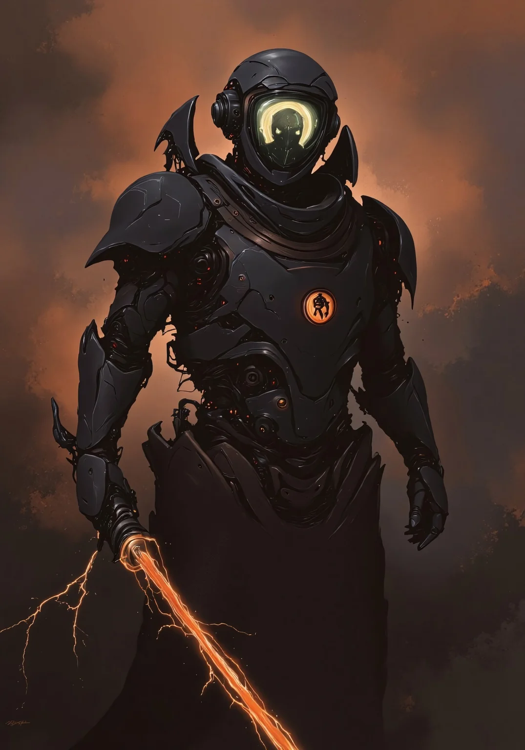 Art by Alejandro Burdisio
a cyber snake information scout dressed in dark mechanical armor, equipped with advanced visual devices that cover the face with a glowing display - an ascii art face is visible on the screen. The bleaked dystopian orange and black background accentuates the silhouette of the scout, with detailed gear and wires extending from the armor, blending seamlessly with the surrounding. The overall style exudes a futuristic and tech-driven atmosphere. translucent in the style of ck-mgs, wielding a translucent giant sword