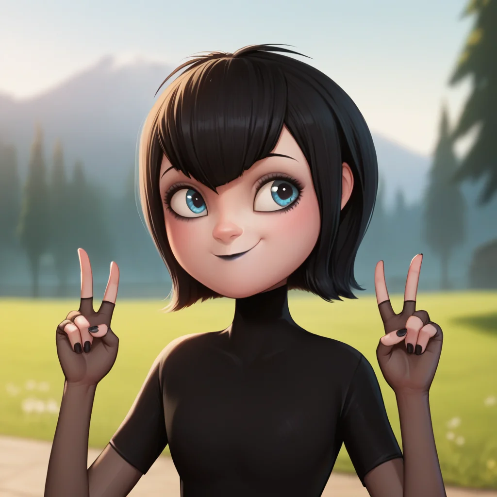 score_9_up, score_8_up, BREAK, MAVISDRACULA, 1girl, solo, black hair, short hair, blue eyes, lipstick, black dress, smile, depth of field, upper body,    <lora:MavisDracula_PXL_Leaf1:1>, closed mouth, double v, outdoors,
