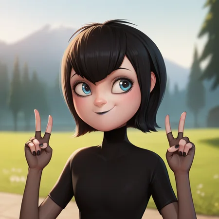 score_9_up, score_8_up, BREAK, MAVISDRACULA, 1girl, solo, black hair, short hair, blue eyes, lipstick, black dress, smile, depth of field, upper body, <lora:MavisDracula_PXL_Leaf1:1>, closed mouth, double v, outdoors,