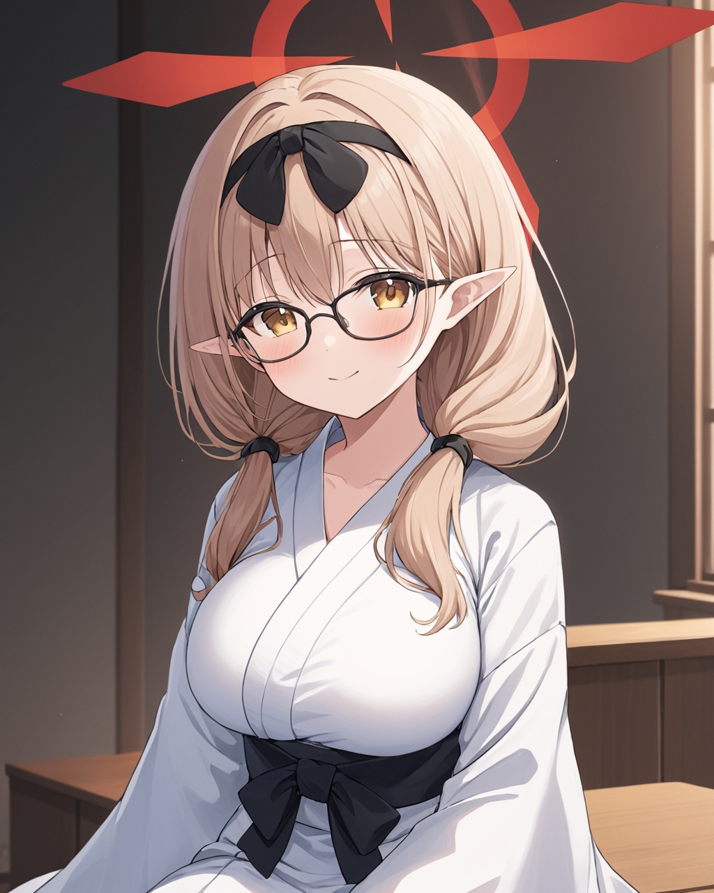 chinatsu \(blue archive\),1girl, solo, glasses, looking_at_viewer, smile, blush, halo, closed_mouth, breasts, wide_sleeves, sitting, long_sleeves, white_kimono, hair_bow, black_bow, black_hairband, yukata, indoors, hair_over_shoulder, black-framed_eyewear, sash
<lora:chinatsu_(blue_archive)_image499_2023-11-26-000010:1>halo. gorgeous,key visual, vibrant, studio anime,award-winning, professional, highly detailed,high budget, cinemascope