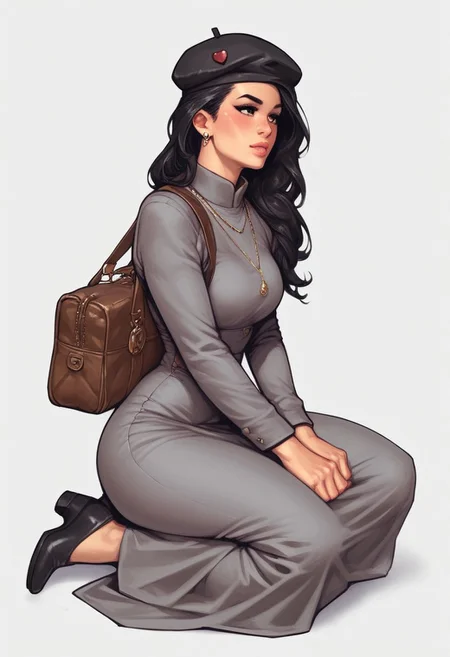 <lora:f4nto_v2:50>, f4nt,
retro artstyle,1980s \(style\), science fiction, realistic, solo focus, 
<lora:retro-comic-80:1>, 
1girl, solo, black hair, hat, long hair, grey dress, dress, black headwear, white background, sitting, leaning to the side, long sleeves, beret, arm support, looking to the side, simple background, realistic, jewelry, yokozuwari, brown eyes, earrings, blush, bag, (((full clothed))),
BREAK 
strange world background score_9, score_8_up, score_7_up, score_6_up, source_cartoon, rating_explicit, Expressiveh, (((((full body))))), dynamic pose