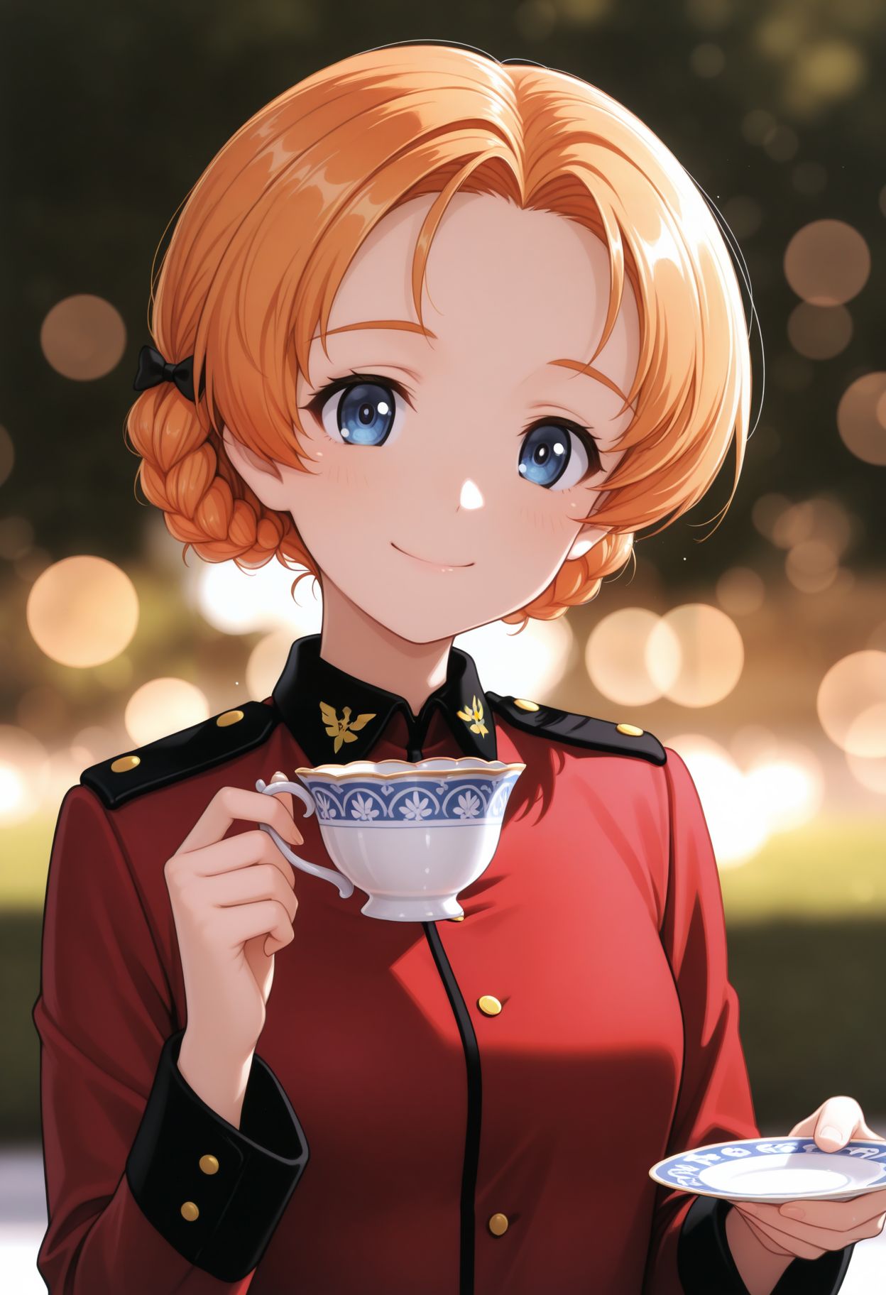 masterpiece,best quality,absurdres,highres,very aesthetic,high quality,detailed,insanely detailed,beautiful,perfect lighting, ,depth of field,blurry background,bokeh, looking at viewer,
 , smile, white background, looking at viewer, holding cup, teacup, upper body,  <lora:Orange Pekoe illu:1> 1girl, braid, short hair, orange hair, blue eyes, parted bangs, twin braids, hair bow, st. gloriana's military uniform,epaulettes,red jacket,long sleeves,black skirt,boots,black footwear