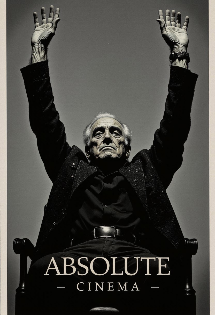 This is a black-and-white photograph featuring the legendary filmmaker Martin Scorsese, an elderly man seated in a chair with his hands raised high above his head. Scorsese has short, neatly combed white hair and a distinguished, stern expression. He is dressed in a dark, patterned blazer over a dark shirt, with a visible watch on his left wrist. The background is a gradient from light to dark gray, which adds depth and focus to the subject. Scorsese is seated in a slightly reclined position, with his legs partially visible, wearing dark pants.
The text "ABSOLUTE CINEMA" is prominently displayed at the bottom of the image, with the word "ABSOLUTE" in bold, uppercase letters and "CINEMA" in smaller, lowercase letters. The overall style of the image is classic and formal, with a focus on Scorsese's expression and the dramatic gesture of his raised hands. The contrast between the dark blazer and the light background creates a striking visual effect, emphasizing the filmmaker’s presence and the seriousness of his posture. The photograph is likely taken in a studio setting, with controlled lighting to highlight the details of Scorsese's face and clothing.
