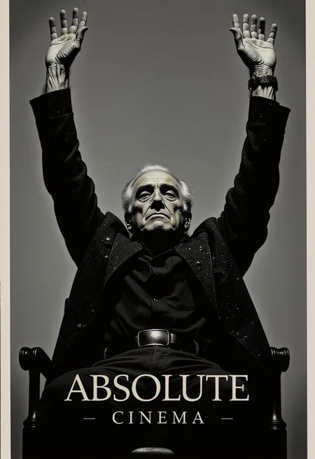 This is a black-and-white photograph featuring the legendary filmmaker Martin Scorsese, an elderly man seated in a chair with his hands raised high above his head. Scorsese has short, neatly combed white hair and a distinguished, stern expression. He is dressed in a dark, patterned blazer over a dark shirt, with a visible watch on his left wrist. The background is a gradient from light to dark gray, which adds depth and focus to the subject. Scorsese is seated in a slightly reclined position, with his legs partially visible, wearing dark pants.
The text "ABSOLUTE CINEMA" is prominently displayed at the bottom of the image, with the word "ABSOLUTE" in bold, uppercase letters and "CINEMA" in smaller, lowercase letters. The overall style of the image is classic and formal, with a focus on Scorsese's expression and the dramatic gesture of his raised hands. The contrast between the dark blazer and the light background creates a striking visual effect, emphasizing the filmmaker’s presence and the seriousness of his posture. The photograph is likely taken in a studio setting, with controlled lighting to highlight the details of Scorsese's face and clothing.