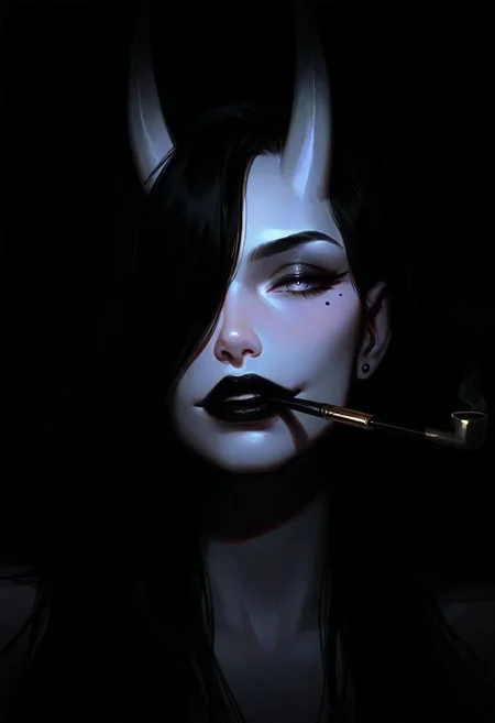 masterpiece, best quality, good quality, very awa, very aesthetic, absurdres, newest, 1girl, solo, a pale Oni girl, smooth Oni horns, longhair, looking at viewer, black hair, solo, long hair, teeth, hair over one eye, fingernails, eyelashes, full lips, mole under eye, Pale skin, upper teeth only, makeup, half-closed eyes, mouth hold portrait, lipstick, facing viewer, close up, smoking pipe, nose, smoking, stud earrings, black lips, mascara, lighter, teeth hold, realistic, Cinematic Lighting, sexy smirk