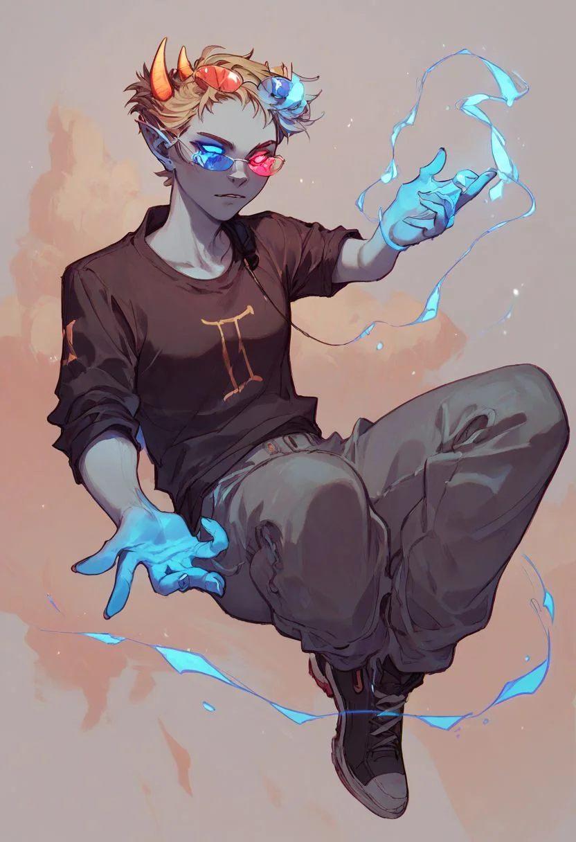 score_9,score_8_up,score_7_up,score_6_up, Sollux Captor, grey skin, four horns, sunglasses, floating in air, sunglasses, red and blue eyes, glowing hands, glowing eyes, red and blue glow