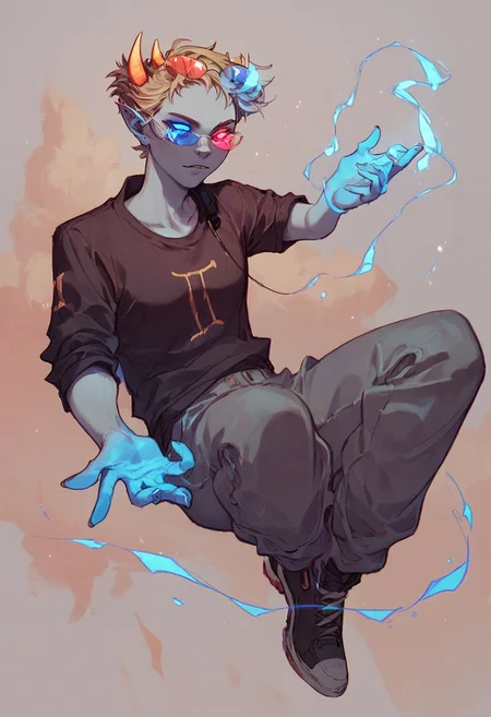 score_9,score_8_up,score_7_up,score_6_up, Sollux Captor, grey skin, four horns, sunglasses, floating in air, sunglasses, red and blue eyes, glowing hands, glowing eyes, red and blue glow