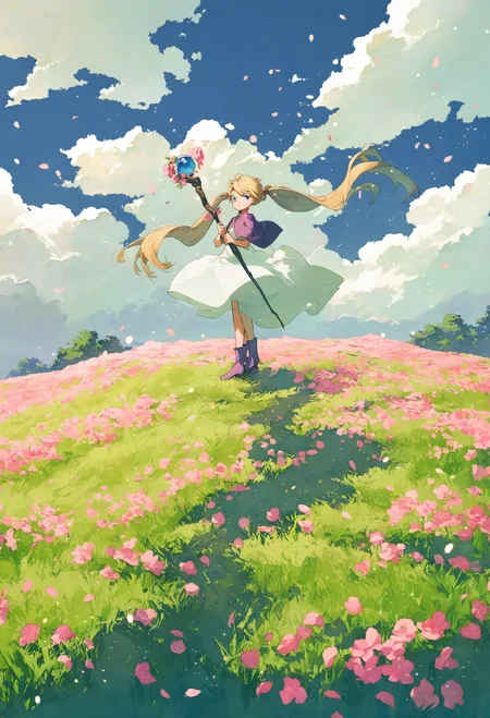 1girl,
solo, scenery, long hair, sky, grass, outdoors, cloud, fantasy, standing, dress, wind, cloudy sky, field, boots, floating hair, very long hair, capelet, light particles, holding staff, tree, smile, looking at viewer, full body, purple footwear, pink flower, white dress, staff, wide shot, wind lift, blonde hair, day, petals, blue eyes, holding, twintails, flower,
.
masterpiece, best quality, very aesthetic, absurdres
<lora:potgfornoob:0.95>