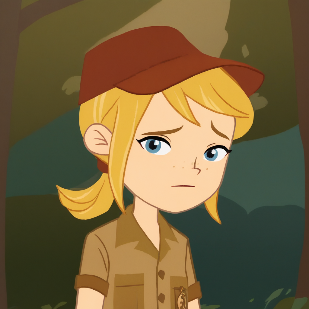 score_9_up, score_8_up, BREAK, Lottie, 1girl, solo, blonde hair, short ponytail, blue eyes, red hat, shirt, short sleeves, upper body,  <lora:Lottie_LexiAndLottie_PXL_Leaf1:1>, looking at viewer, forest,